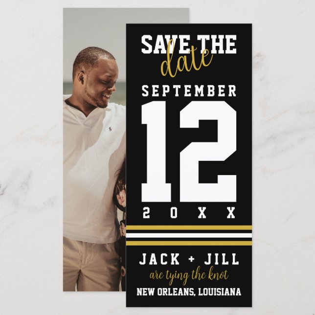 Modern Black Gold Sporty Wedding Save the Date (Front/Back)