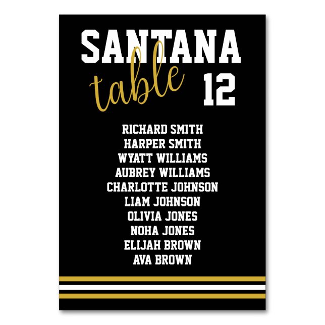 Modern Black Gold Sporty Wedding Seating Chart Table Number (Front)