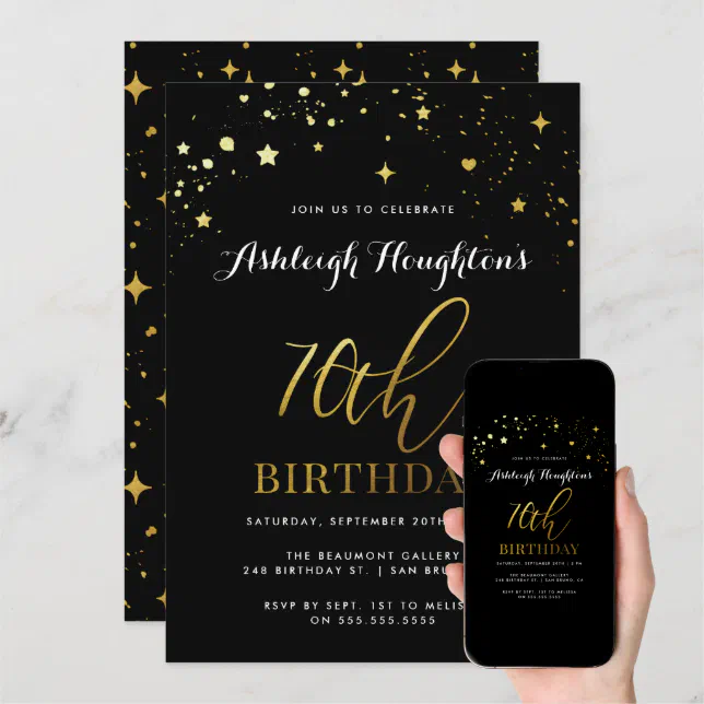 Modern Black & Gold Star Confetti 70th Birthday Invitation | Zazzle