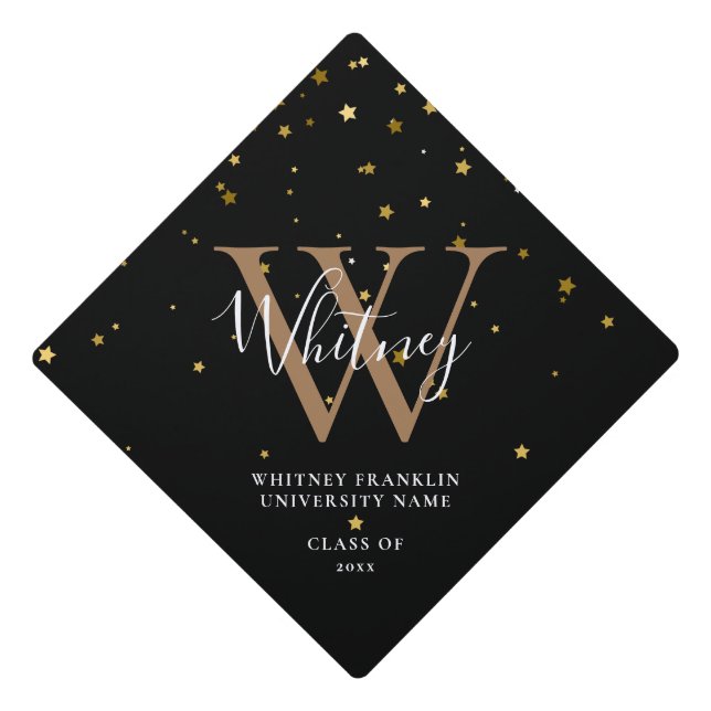 Modern Black Gold Stars Script Monogram Graduation Cap Topper (Front)