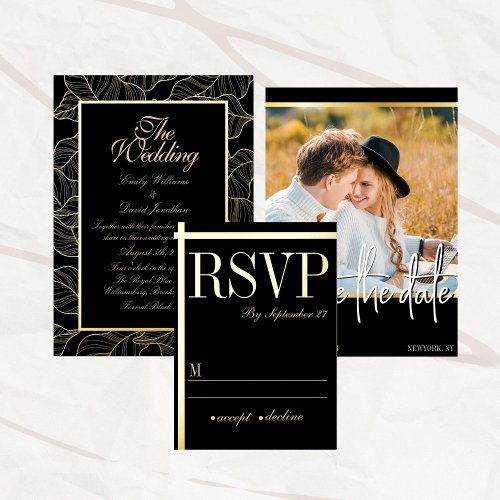 Modern Black Gold Stripe RSVP Foil Invitation