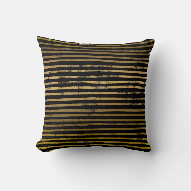 Modern Black Gold Stripes Faux Metallic Grunge Throw Pillow (Front)