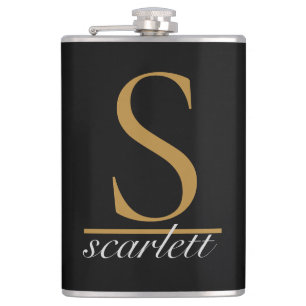 Modern Black Gold Stylish Monogram Girly Script Flask
