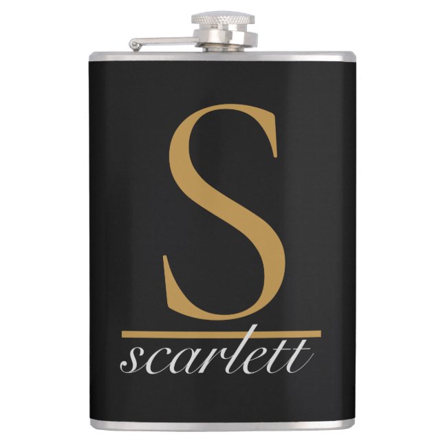 Modern Black Gold Stylish Monogram Girly Script Flask (Front)
