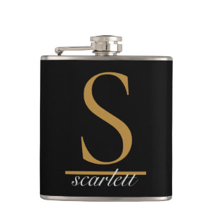 Modern Black Gold Stylish Monogram Girly Script Flask