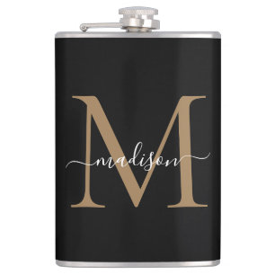 Modern Black Gold Stylish Monogram Girly Script Flask