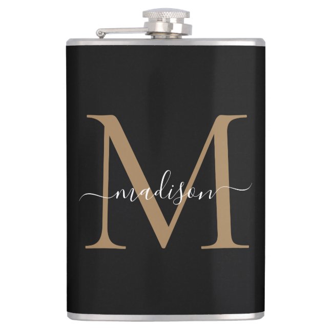 Modern Black Gold Stylish Monogram Girly Script Flask (Front)