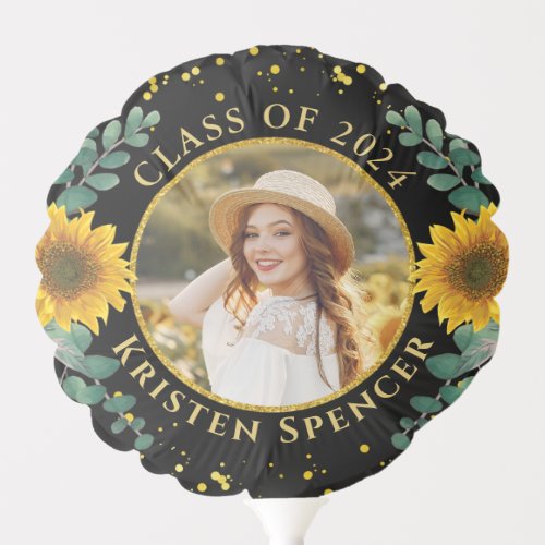 Modern Black Gold Sunflower Graduation Party Photo Balloon