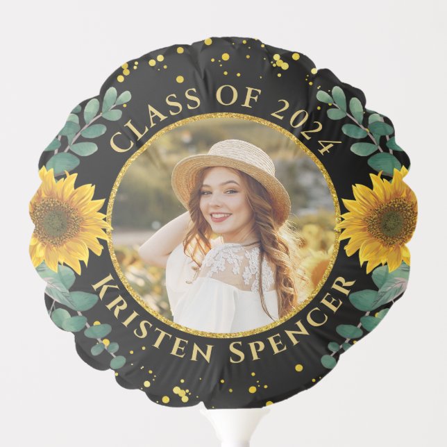 Modern Black Gold Sunflower Graduation Party Photo Balloon (Front)