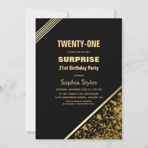 Modern Black Gold Surprise 21st Birthday Party Invitation