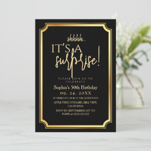 Modern Black Gold Surprise 50th Birthday Party Invitation