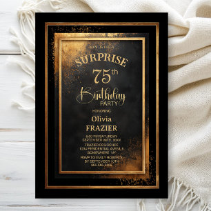 Modern Black Gold Surprise 75th Birthday Party Invitation