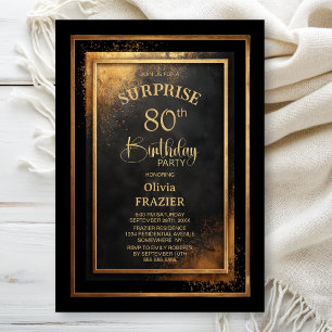 Modern Black Gold Surprise 80th Birthday Party Invitation
