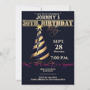 Modern Black Gold Surprise Thirty Invitation