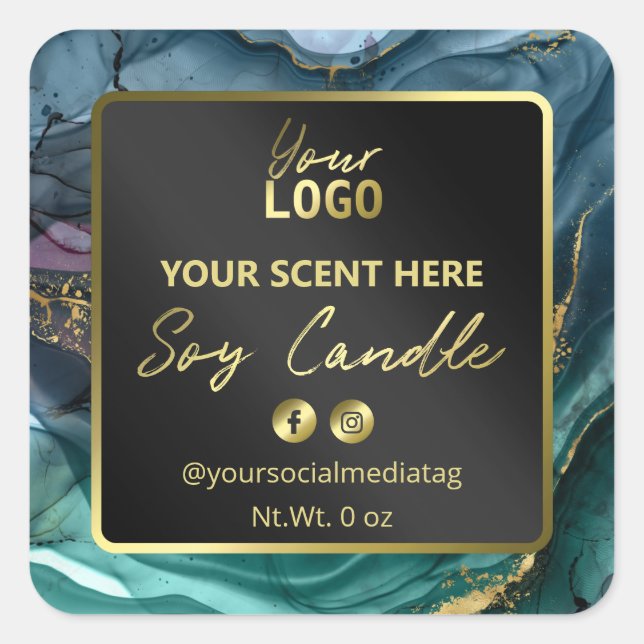 Modern Black Gold Teal Ink Soy Candle Labels (Front)