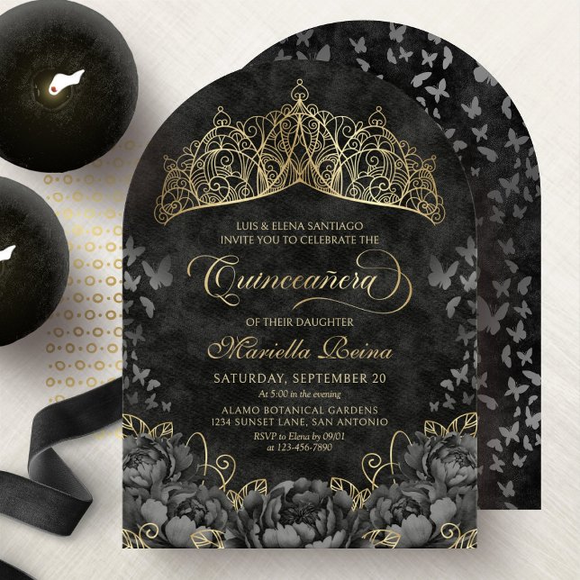 Modern Black Gold Tiara Crown Quinceanera Invitation (Creator Uploaded)