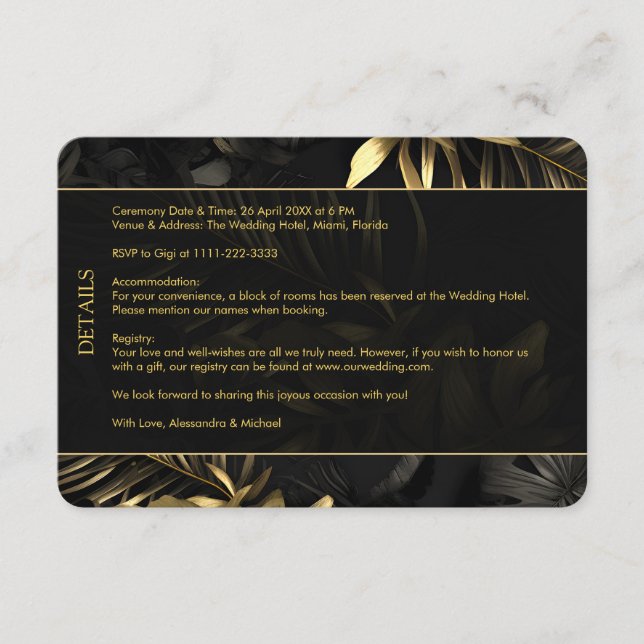 Modern Black Gold Tropical Leaves Wedding Enclosure Card (Front)