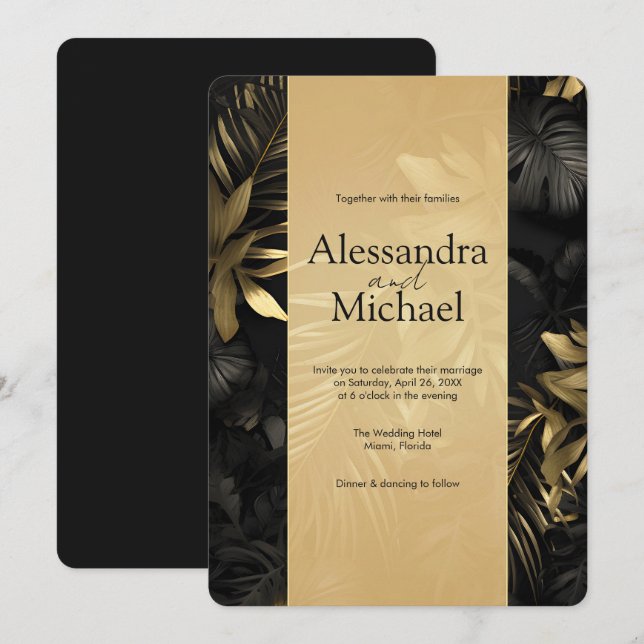 Modern Black Gold Tropical Leaves Wedding Invitation (Front/Back)