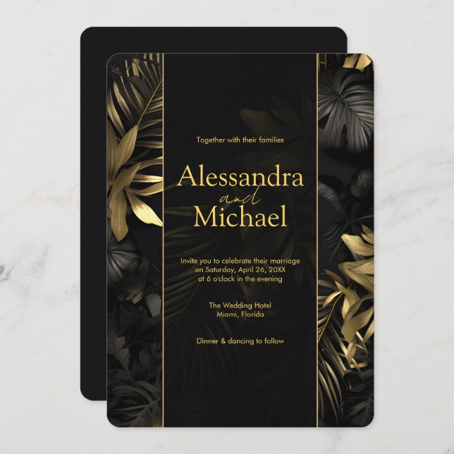 Modern Black Gold Tropical Leaves Wedding Invitation (Front/Back)