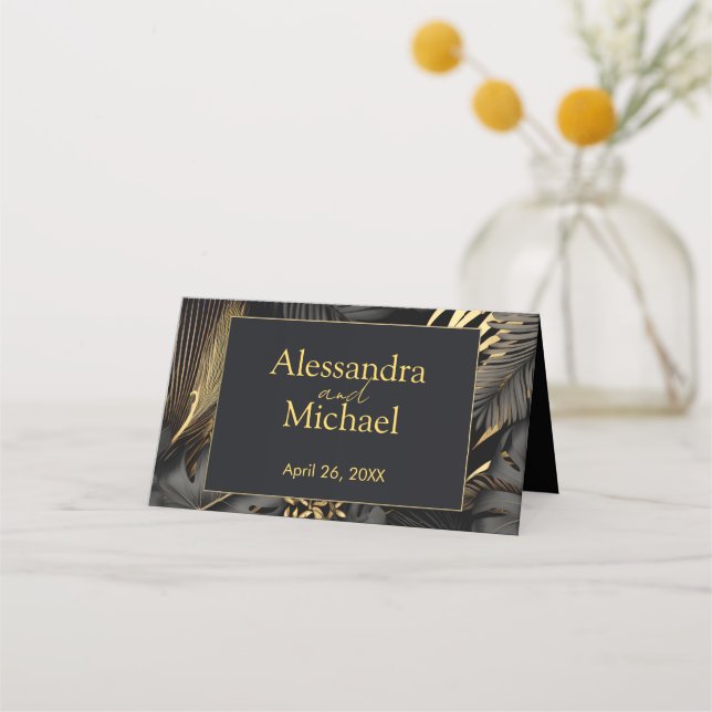 Modern Black Gold Tropical Leaves Wedding Place Card (Front)