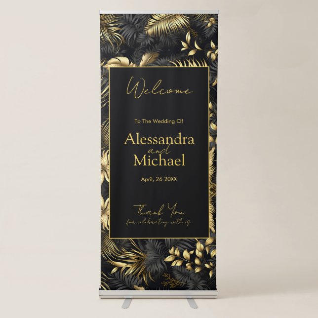 Modern Black Gold Tropical Leaves Wedding Retractable Banner (Front)