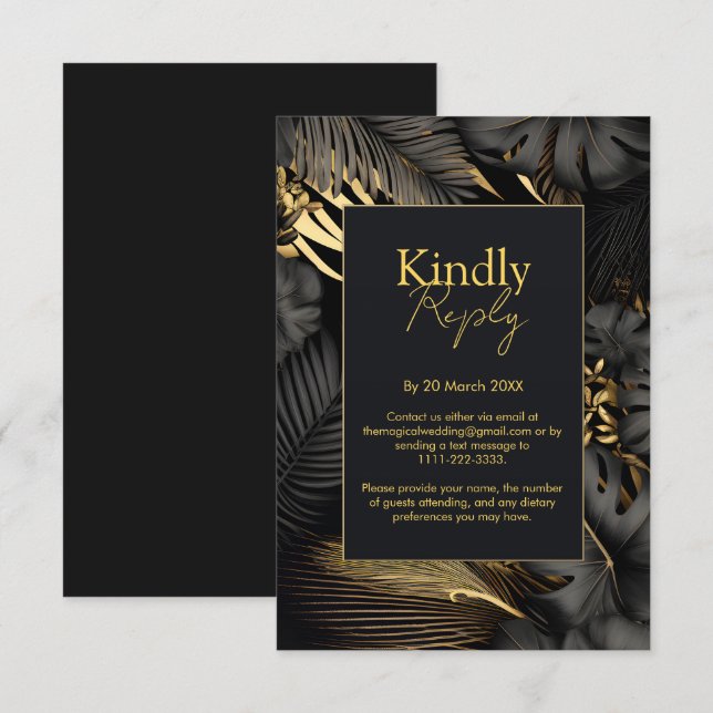 Modern Black Gold Tropical Leaves Wedding RSVP Card (Front/Back)