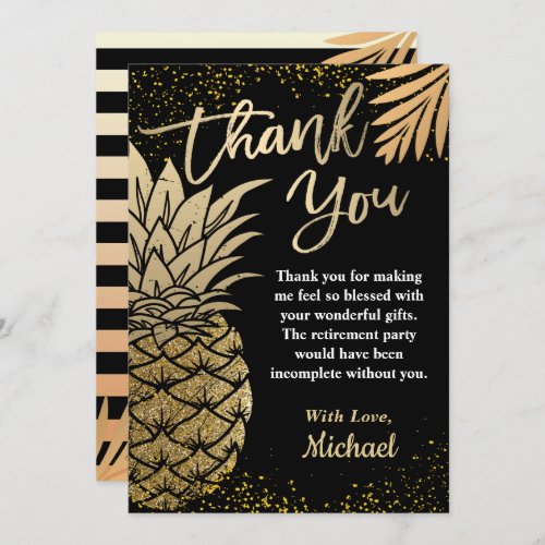 Modern Black Gold Tropical Pineapple Beach Party Thank You Card