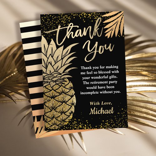 Modern Black Gold Tropical Pineapple Beach Party Thank You Card