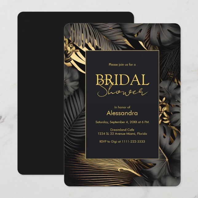 Modern Black Gold Tropical Wedding Bridal Shower Invitation (Front/Back)