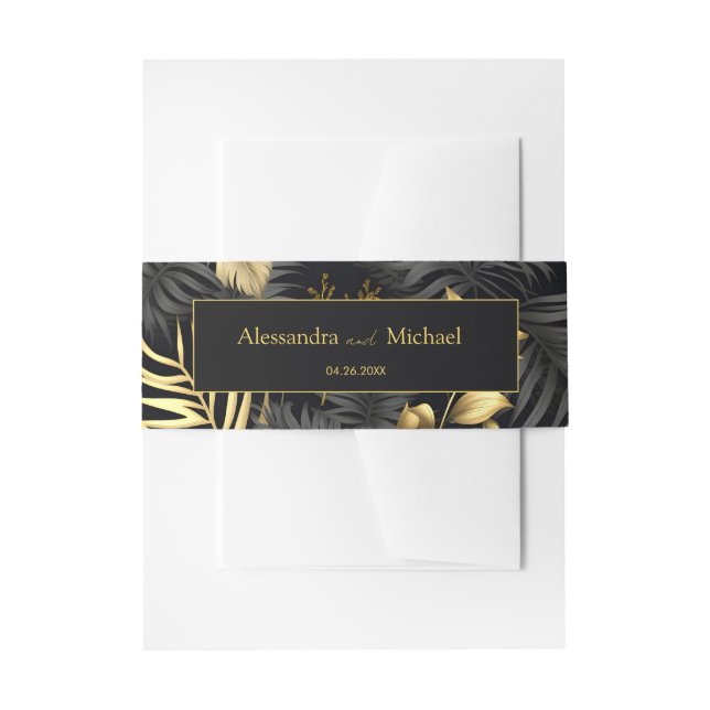 Modern Black Gold Tropical Wedding Invitation Belly Band (Front Example)