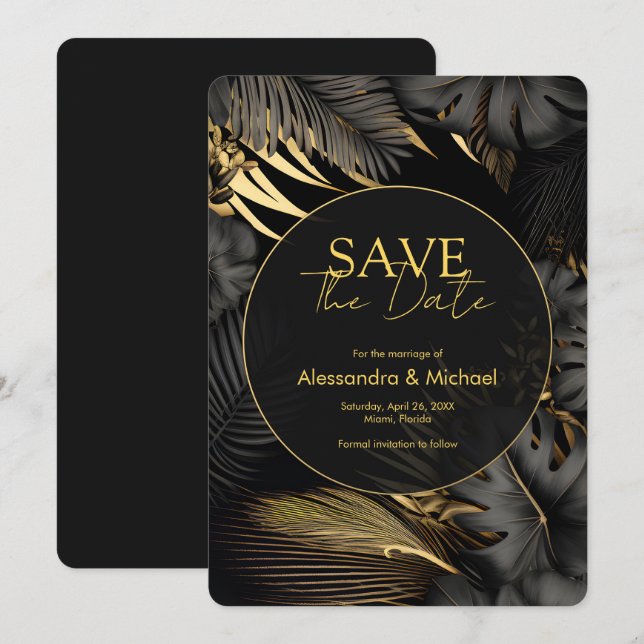 Modern Black Gold Tropical Wedding Save The Date Invitation (Front/Back)