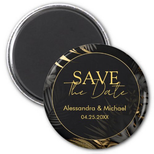 Modern Black Gold Tropical Wedding Save The Date Magnet