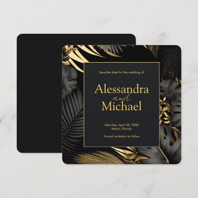 Modern Black Gold Tropical Wedding Save The Dates Invitation (Front/Back)