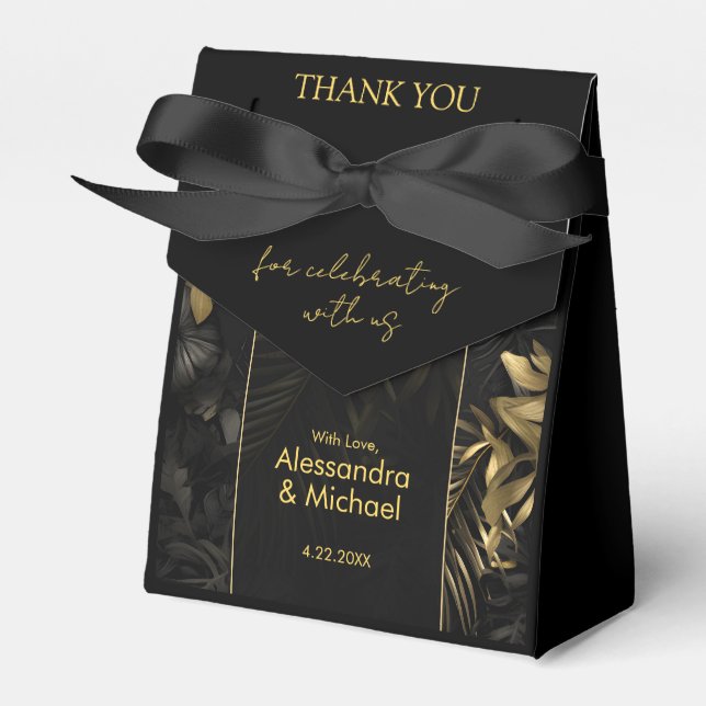 Modern Black Gold Tropical Wedding Thank You Favor Boxes (Front Side)