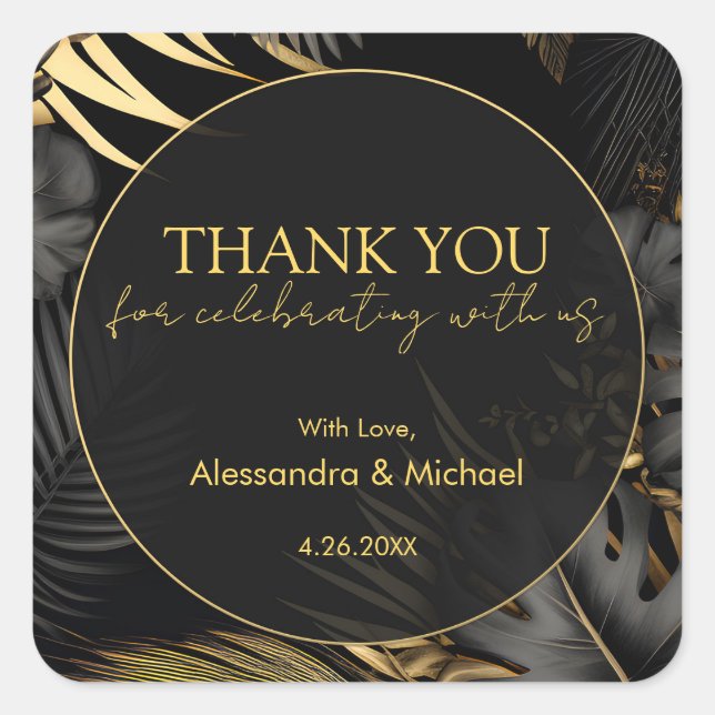 Modern Black Gold Tropical Wedding Thank You Square Sticker (Front)