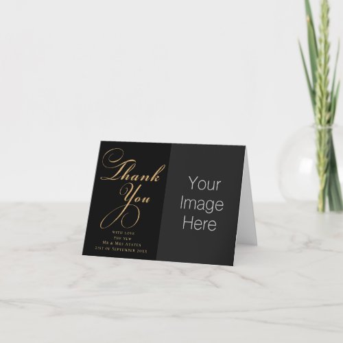 Modern Black Gold Typography 3 Photo Wedding Thank You Card