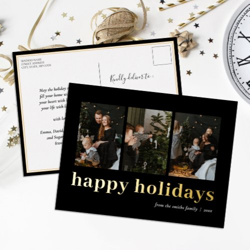 Modern Black Gold Typography Happy Holidays Photo Foil Holiday Postcard