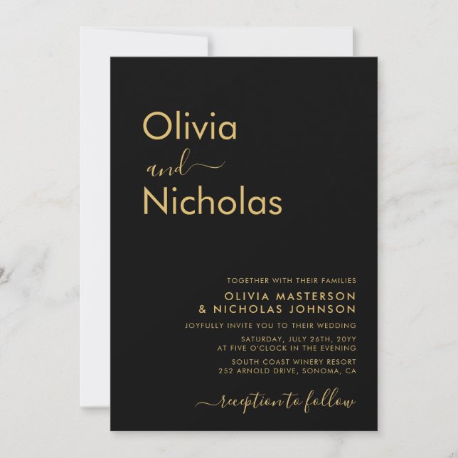 Modern Black Gold Typography Monogram Wedding Invitation (Front)
