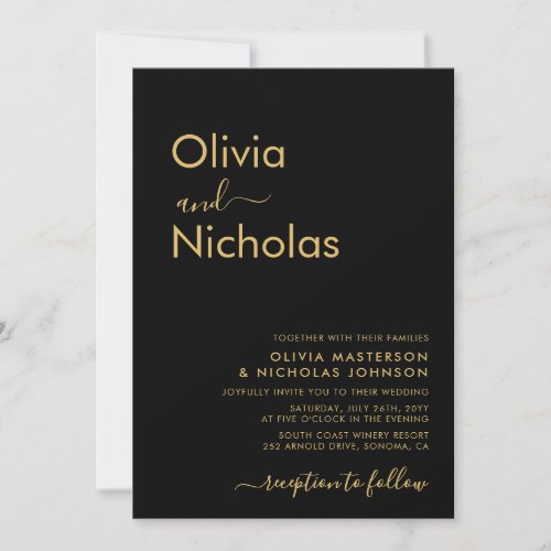 Modern Black Gold Typography Monogram Wedding Invitation