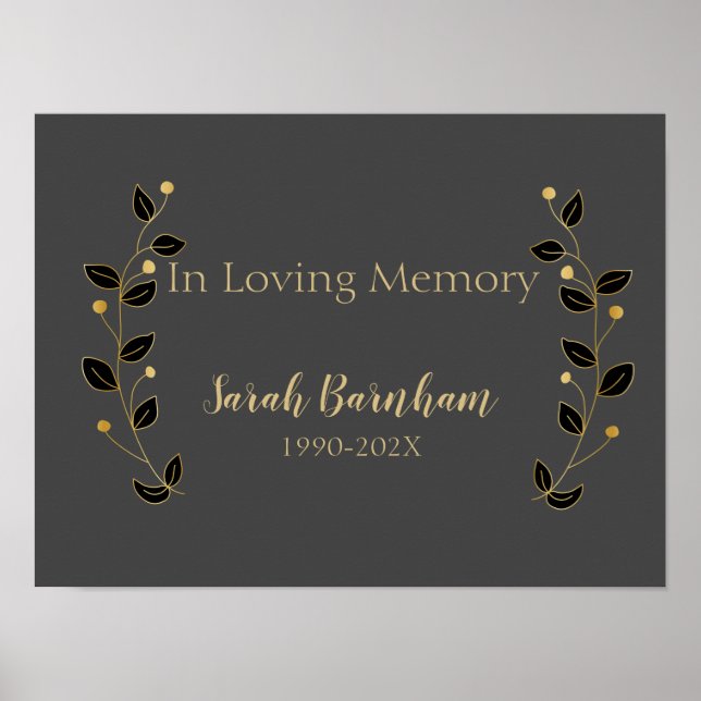 Modern Black & Gold Vines Memorial Wall Print (Front)