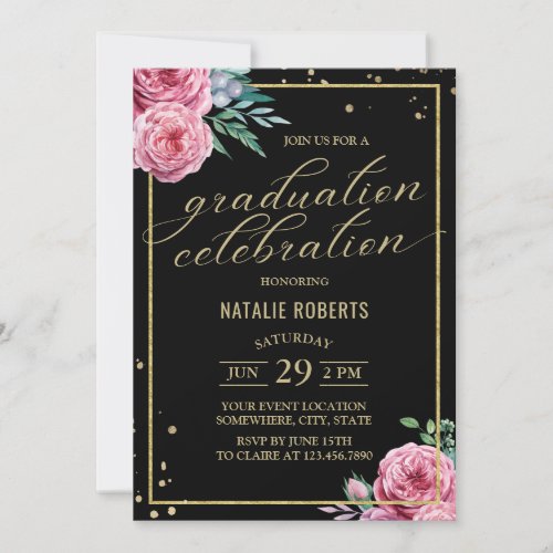 Modern Black  Gold Watercolor Floral Graduation Invitation