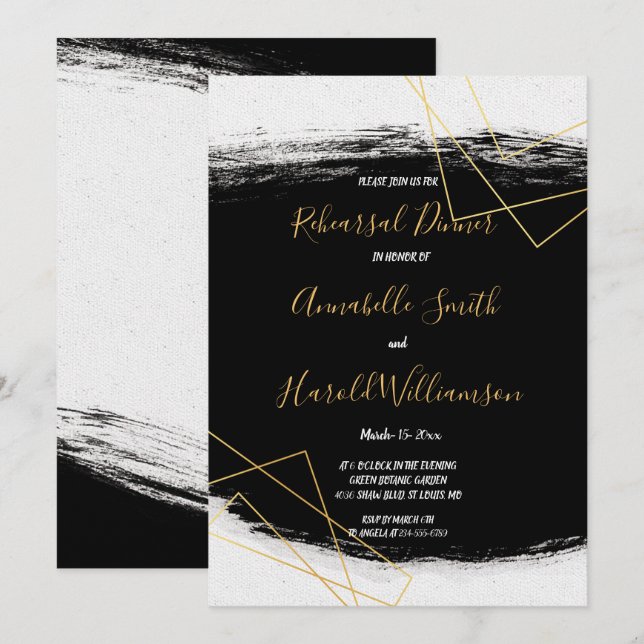 Modern Black & Gold  Watercolor G Rehearsal Dinner Invitation (Front/Back)