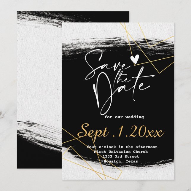 Modern Black & Gold  Watercolor Geo  save the date Invitation (Front/Back)