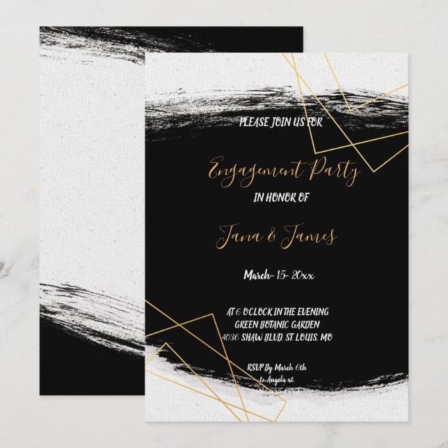 Modern Black & Gold  Watercolor Geometr Engagement Invitation (Front/Back)
