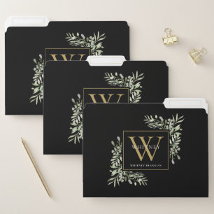 Modern Black Gold Watercolor Greenery Monogram File Folder
