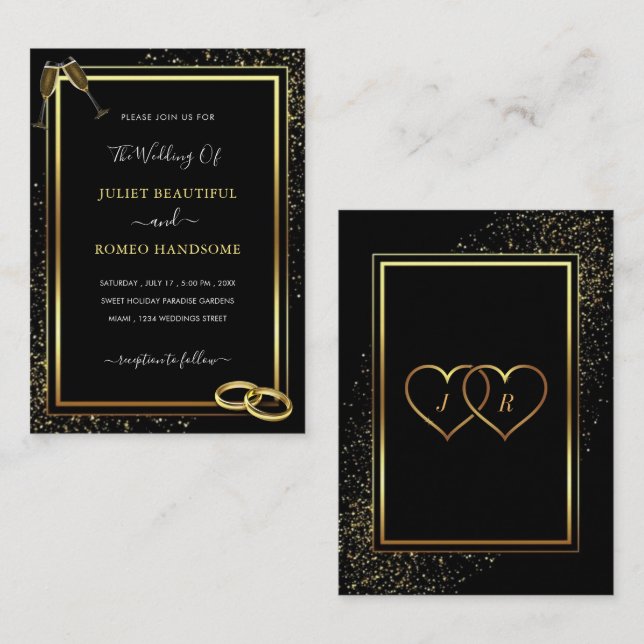 Modern Black Gold Wedding Invitation with Rings (Front/Back)