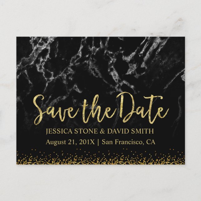 Modern Black & Gold Wedding Save the Date Announcement Postcard (Front)
