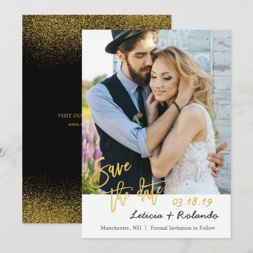 Modern Black &amp; Gold Wedding Save The Date Photo