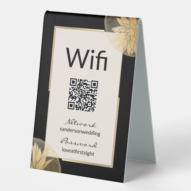 Modern Black Gold Wedding Wifi Details QR Code Table Tent (Front)
