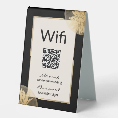 Modern Black Gold Wedding Wifi Details QR Code Table Tent Sign